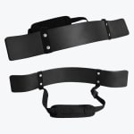 Two views of a matte black bicep blaster with an adjustable padded neck strap on a white background.