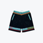 Black athletic shorts with mint green, red, and yellow stripes on the waistband and hem, featuring the number 97 on one leg and the word SOCKET on the other.