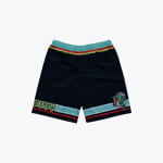 A pair of black athletic shorts with a teal waistband, striped hems, a cartoon fish mascot on one leg, and the word EYES on the other.