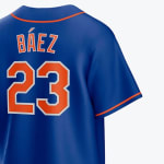 The back of a blue baseball jersey with the name BÁEZ and the number 23 in orange and white.