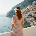 Rear view of a woman in a floral dress and pink visor looking out at the colorful hillside town of Positano and the blue sea from a balcony.