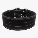 A black suede weightlifting belt with white stitching and a steel buckle, shown on a plain white background.