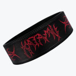 A black leather weightlifting belt with a stylized red death metal font logo, displayed against a solid white background.