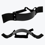 Two views of a black bicep arm blaster fitness accessory, showcasing its curved metal plate, adjustable neck strap, and padded neck guard.