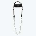 Black Addos neck harness with a steel chain for weightlifting, isolated on a white background.