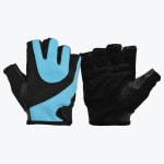 A pair of fingerless fitness gloves in light blue and black, showing both the back of the hand and the padded palm side against a white background.