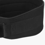 Close-up view of a black fabric weightlifting belt showing the textured nylon strap, reinforced stitching, and padded inner lining.