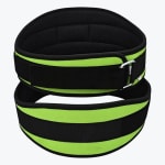 Two lime green and black weightlifting belts stacked on top of each other against a white background, showing the front buckle and back support strap.