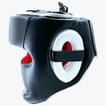 Side view of a black boxing head guard with white ear padding and red interior lining on a white background.