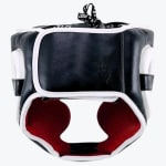 Rear view of a black leather boxing head guard with white trim, showing the adjustable hook-and-loop strap, lace-up top, and red interior lining.