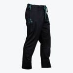 A side-angle view of black martial arts gi pants with a green drawstring and green star embroidery on the thigh, set against a white background.