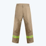 A front view of khaki-colored work pants featuring high-visibility reflective yellow and silver stripes around the lower shins, shown on a plain white background.