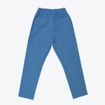 Back view of blue cargo scrub pants with an elastic waist and side pockets on a white background.