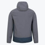 Back view of a grey hooded jacket with a dark blue bottom hem on a white background.