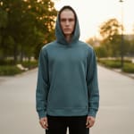 A young man with a shaved head wearing a teal hoodie with the hood up, standing on a paved path in a park at sunset.
