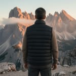 Rear view of a man in a black puffer vest and knit sweater standing on a rocky peak, looking at majestic, sunlit mountain peaks with low clouds.