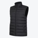 A black quilted puffer vest with a high collar and zipper closure, displayed on a white background.
