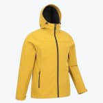 A mustard yellow hooded softshell jacket with black zippers on a white background.