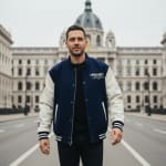 A man in a blue and white varsity jacket standing on an empty road with a large, historic domed building blurred in the background.