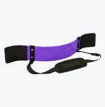 A purple metal bicep arm blaster with black padded elbow rests and an adjustable black neck strap, shown against a plain white background.