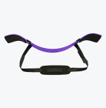 A purple metal arm blaster with black padded elbow rests and an adjustable black neck strap, isolated on a white background.