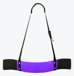 A purple bicep arm blaster with black padded elbow rests and an adjustable black neck strap, isolated on a white background.