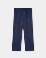 A front-facing view of a pair of navy blue straight-leg trousers with an elastic waistband and drawstring on a light grey background.