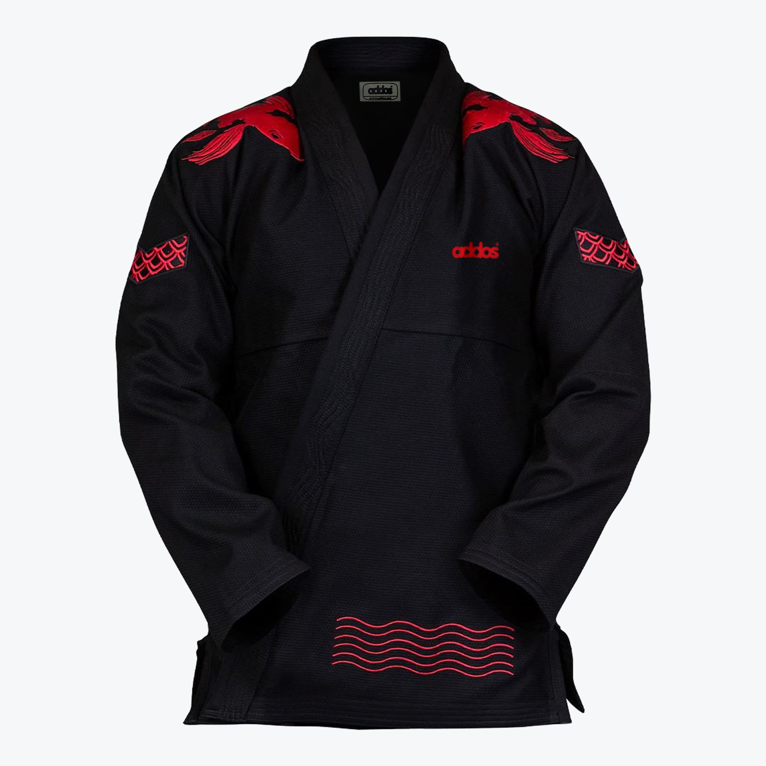 Addos Black and Red Koi BJJ Gi Jacket Front view of a black Addos BJJ gi jacket featuring red embroidered koi fish on the shoulders, red scale patterns on the sleeves, and red wave lines at the bottom hem against a white background.
