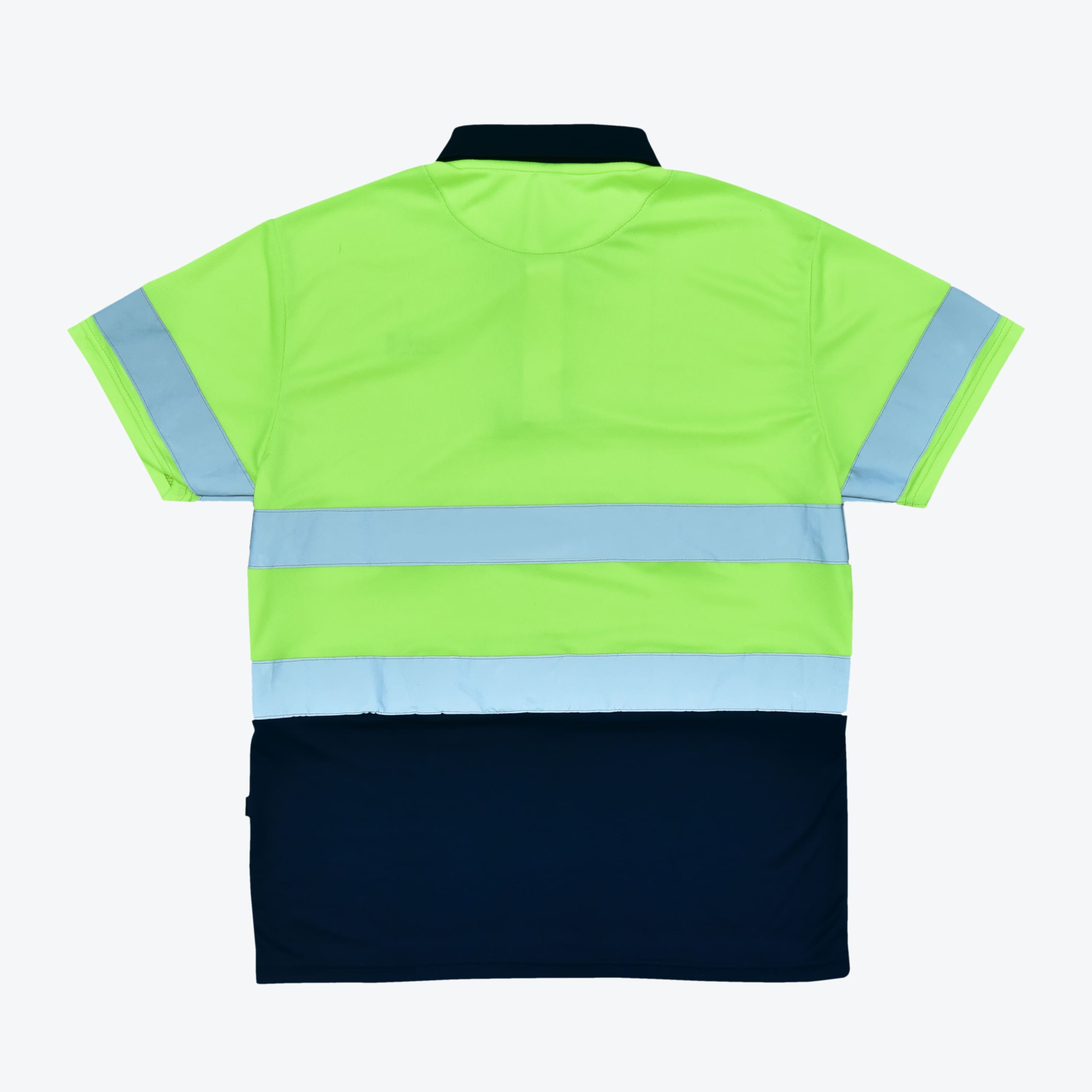 Back view of a high-visibility polo shirt with a fluorescent green top, navy blue bottom, and silver reflective stripes.