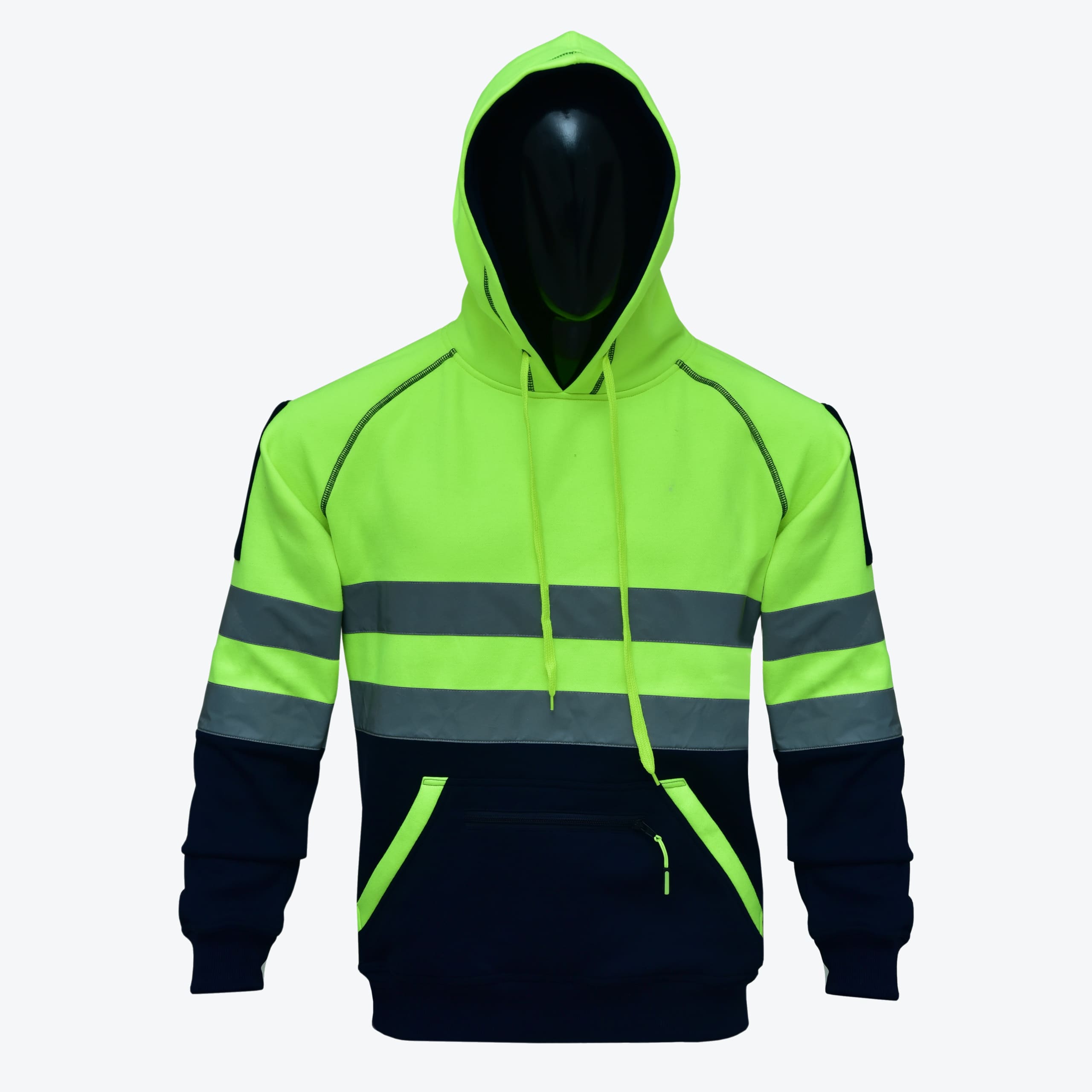 A high-visibility neon green and navy blue safety hoodie with reflective stripes on a mannequin.