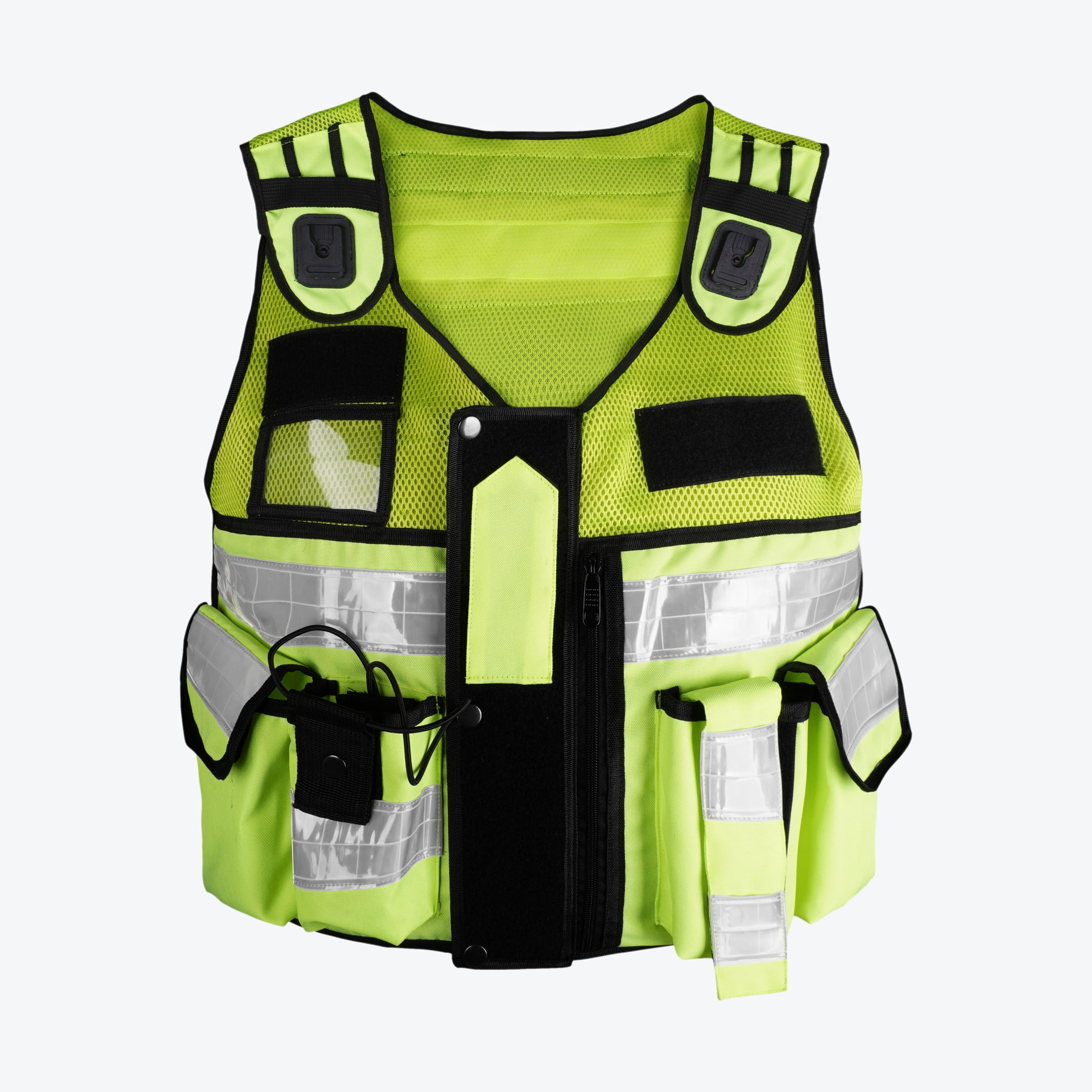 High-Visibility Safety Vest with Pockets and Reflective Strips A neon yellow high-visibility safety vest with reflective silver strips, multiple pockets, and black trim, isolated on a white background.