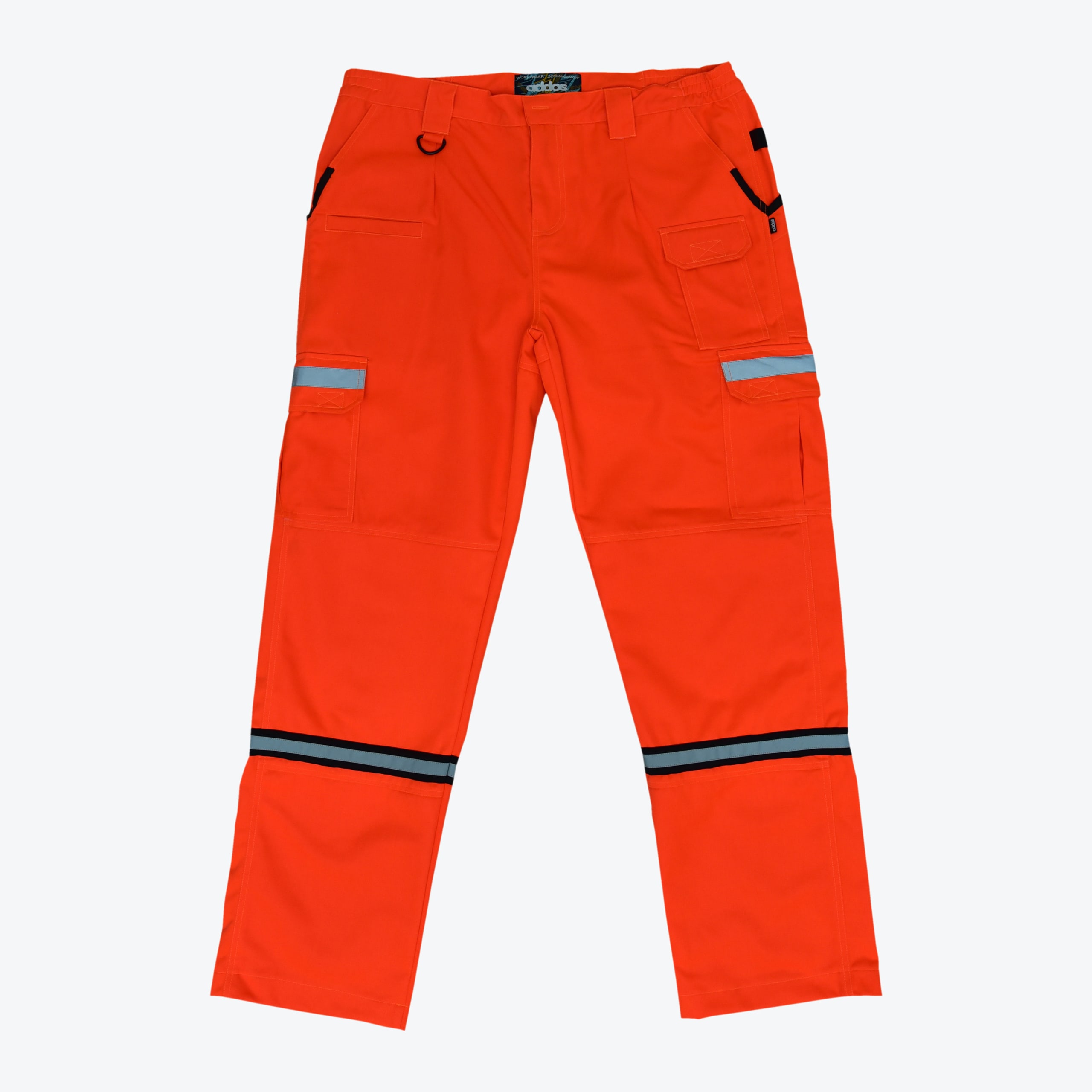 High-Visibility Orange Work Pants with Reflective Strips A pair of bright orange high-visibility cargo work pants with reflective silver strips on the lower legs and pockets, shown flat against a white background.
