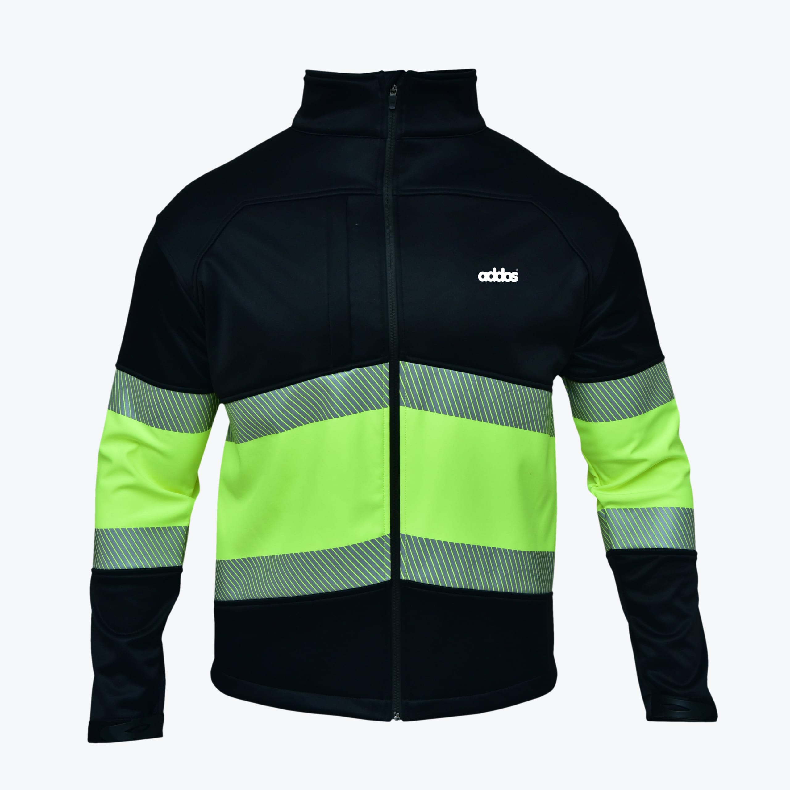 Black and Neon Yellow Athletic Jacket with Reflective Stripes A black athletic jacket with a bright neon yellow midsection and sleeves, bordered by reflective silver stripes, featuring a white addos logo on the chest.