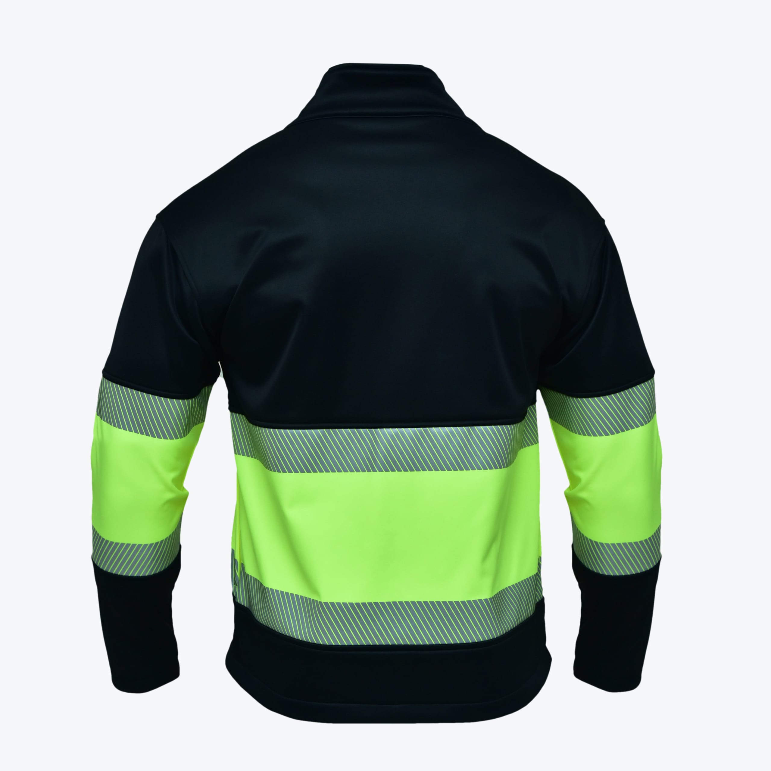 Back view of a black and neon yellow high-visibility safety jacket with reflective striped bands.