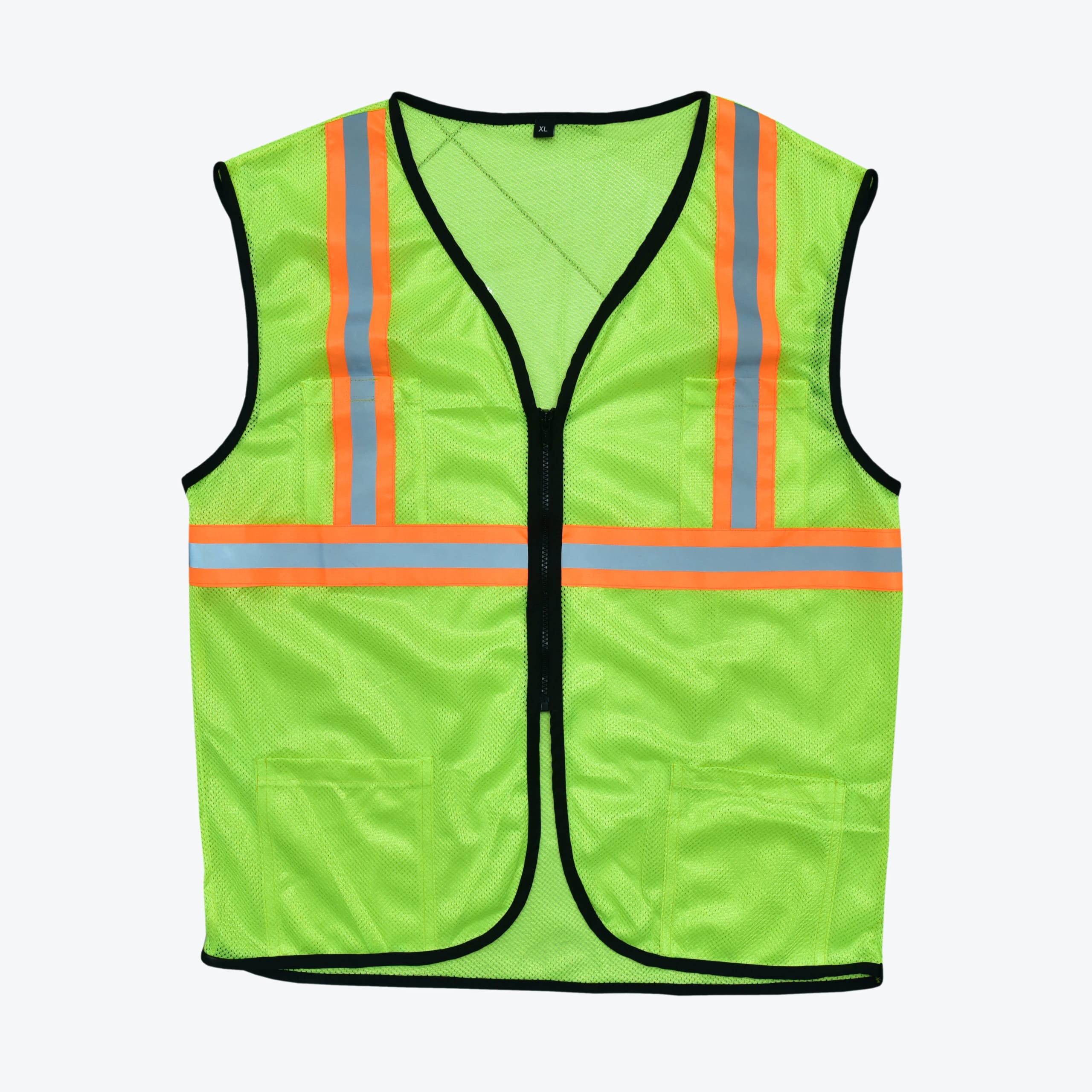 High-Visibility Neon Green Safety Vest A neon green mesh safety vest with reflective silver and orange stripes, a black zipper, and black trim, displayed against a plain white background.