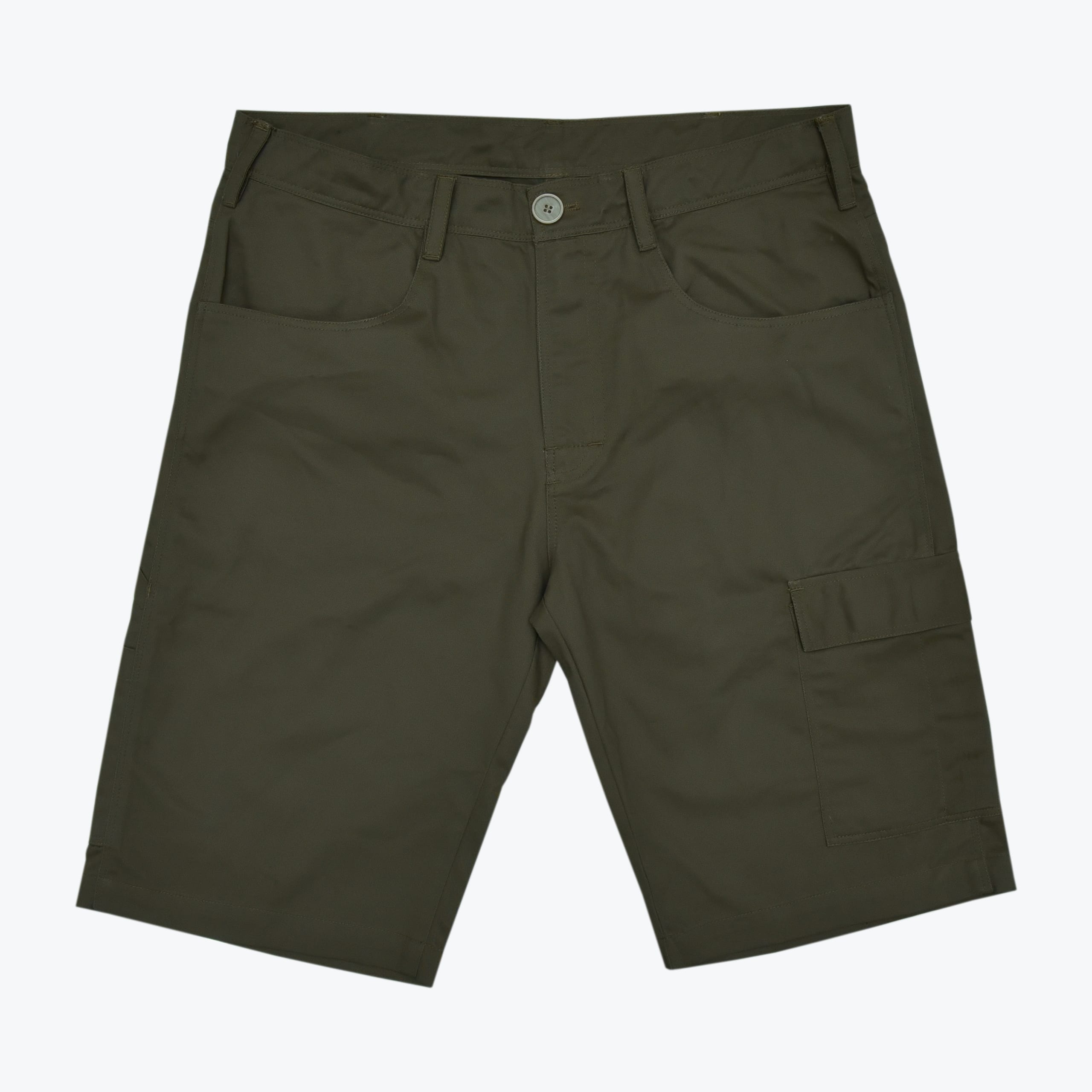A pair of dark olive green men cargo shorts with a button waist, belt loops, and a side cargo pocket on a plain white background.