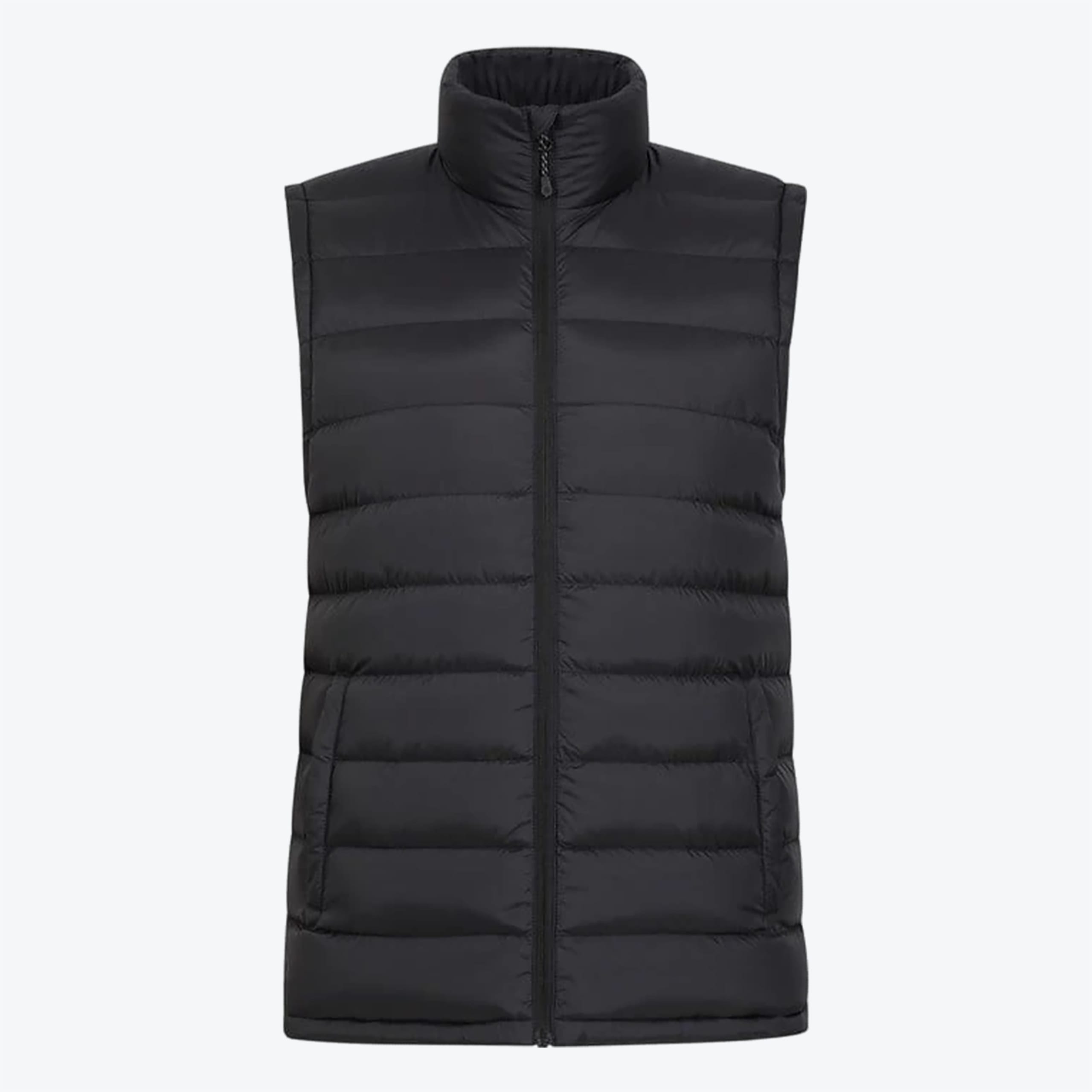 Black Quilted Puffer Vest A black quilted puffer vest with a high collar and front zipper, shown against a plain white background.
