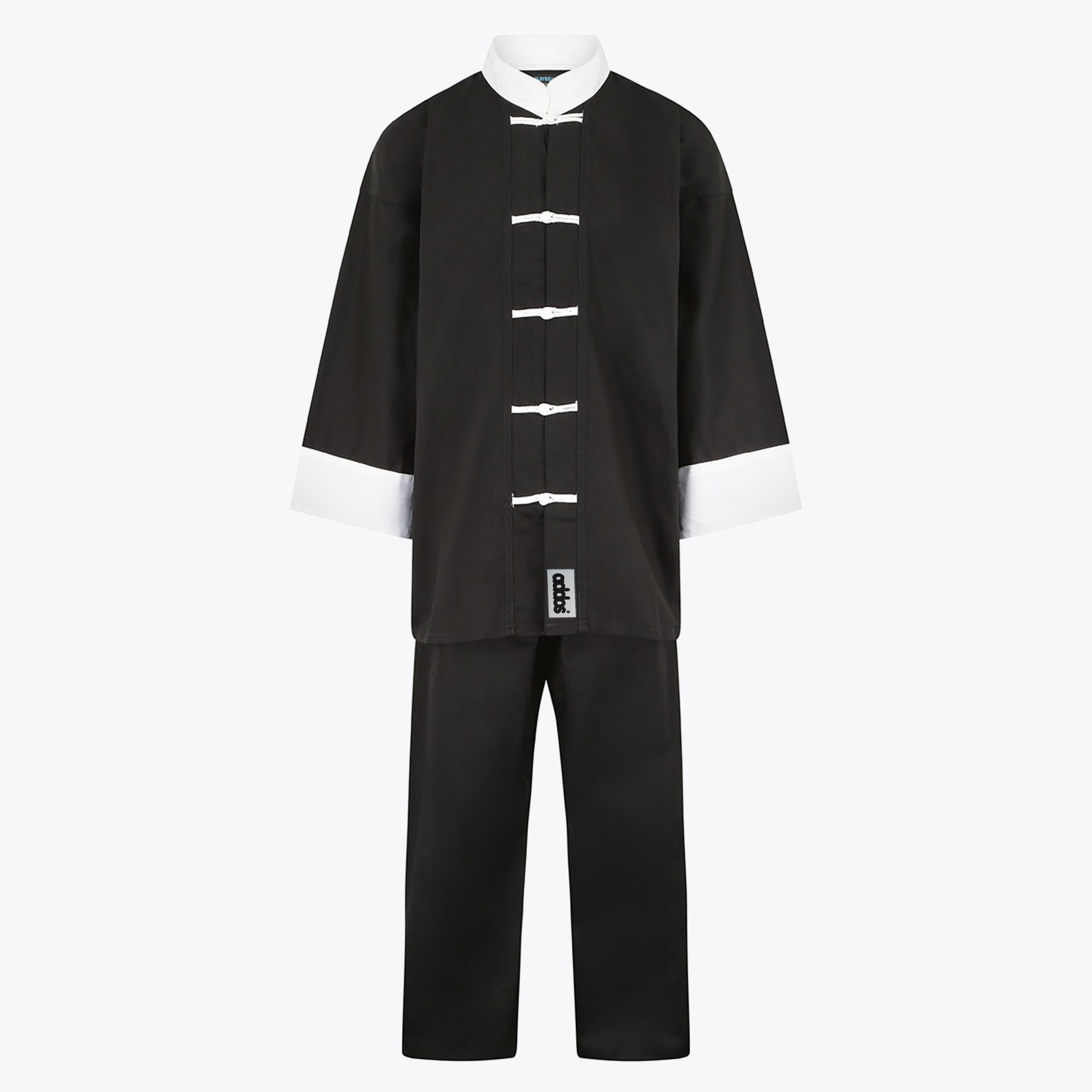 Addos Black and White Kung Fu Uniform A black martial arts uniform with white collar, cuffs, and frog closures, displayed against a white background.