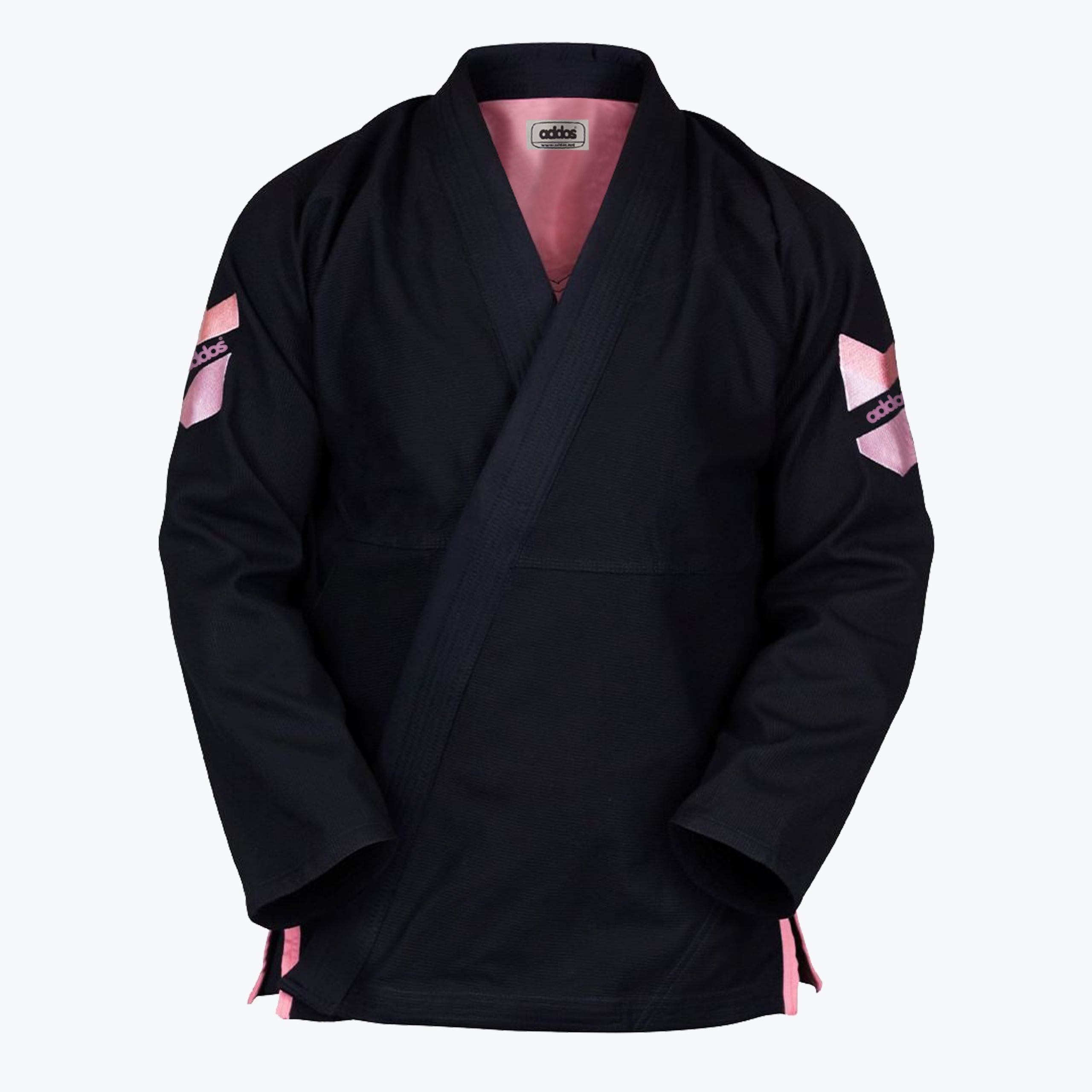 Addos Black and Pink BJJ Gi Jacket Front view of a black Addos Brazilian Jiu-Jitsu gi jacket with pink accents on the sleeves, inner collar, and side slits, set against a white background.