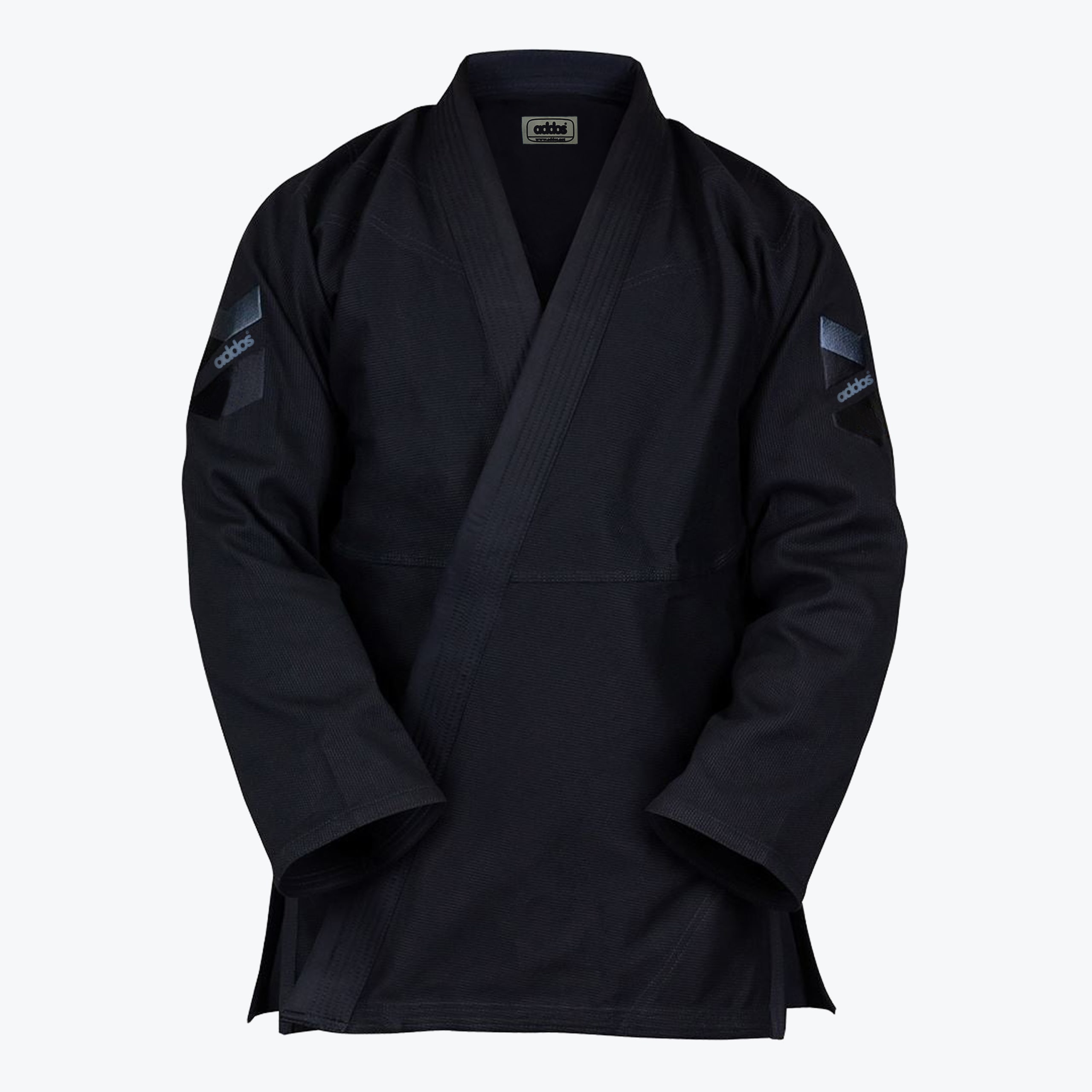 Front view of a black Addos Brazilian Jiu-Jitsu gi jacket with grey sleeve patches on a white background.