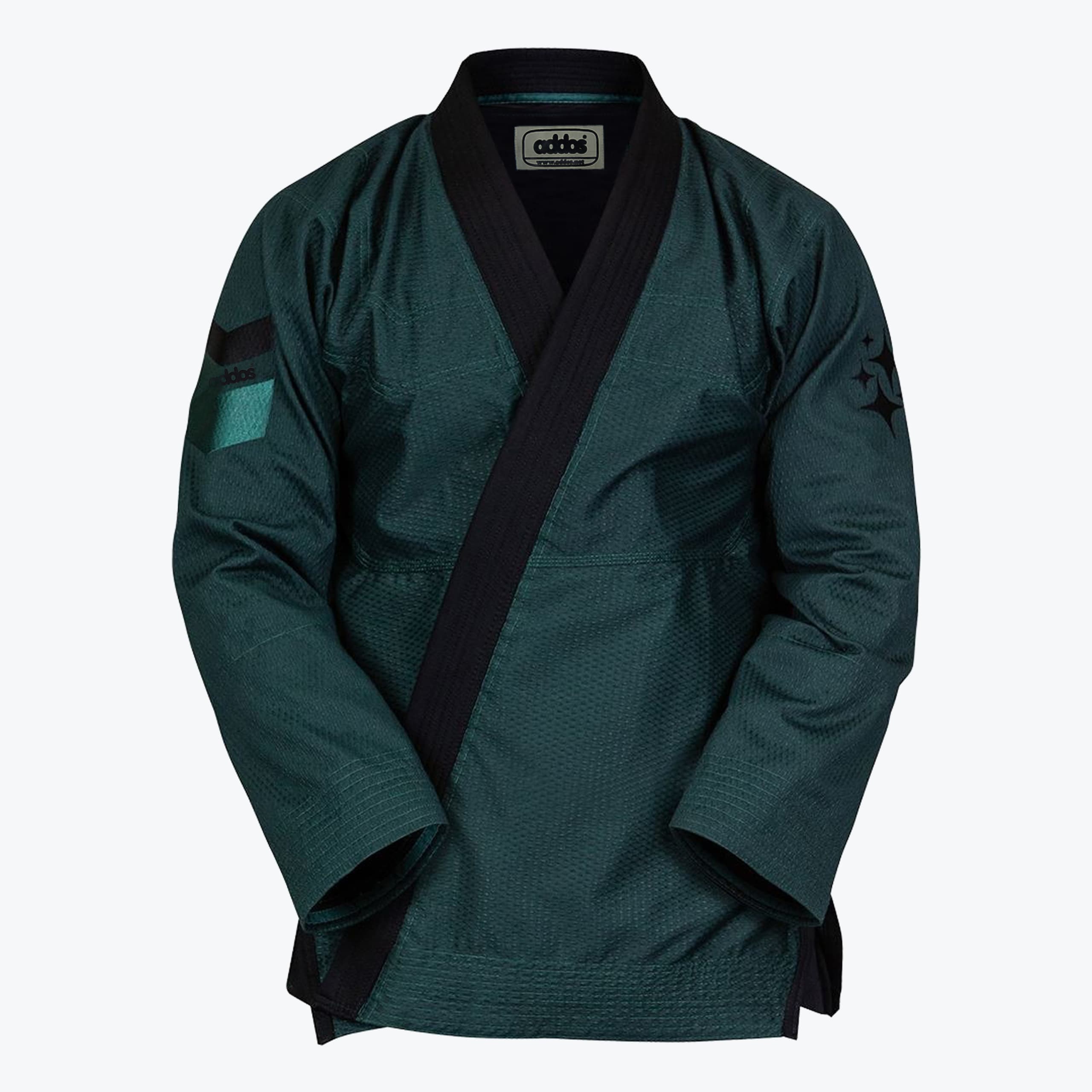 Addos Dark Green BJJ Gi Jacket A dark green Addos Brazilian Jiu-Jitsu gi jacket with a black lapel, displayed against a plain white background.