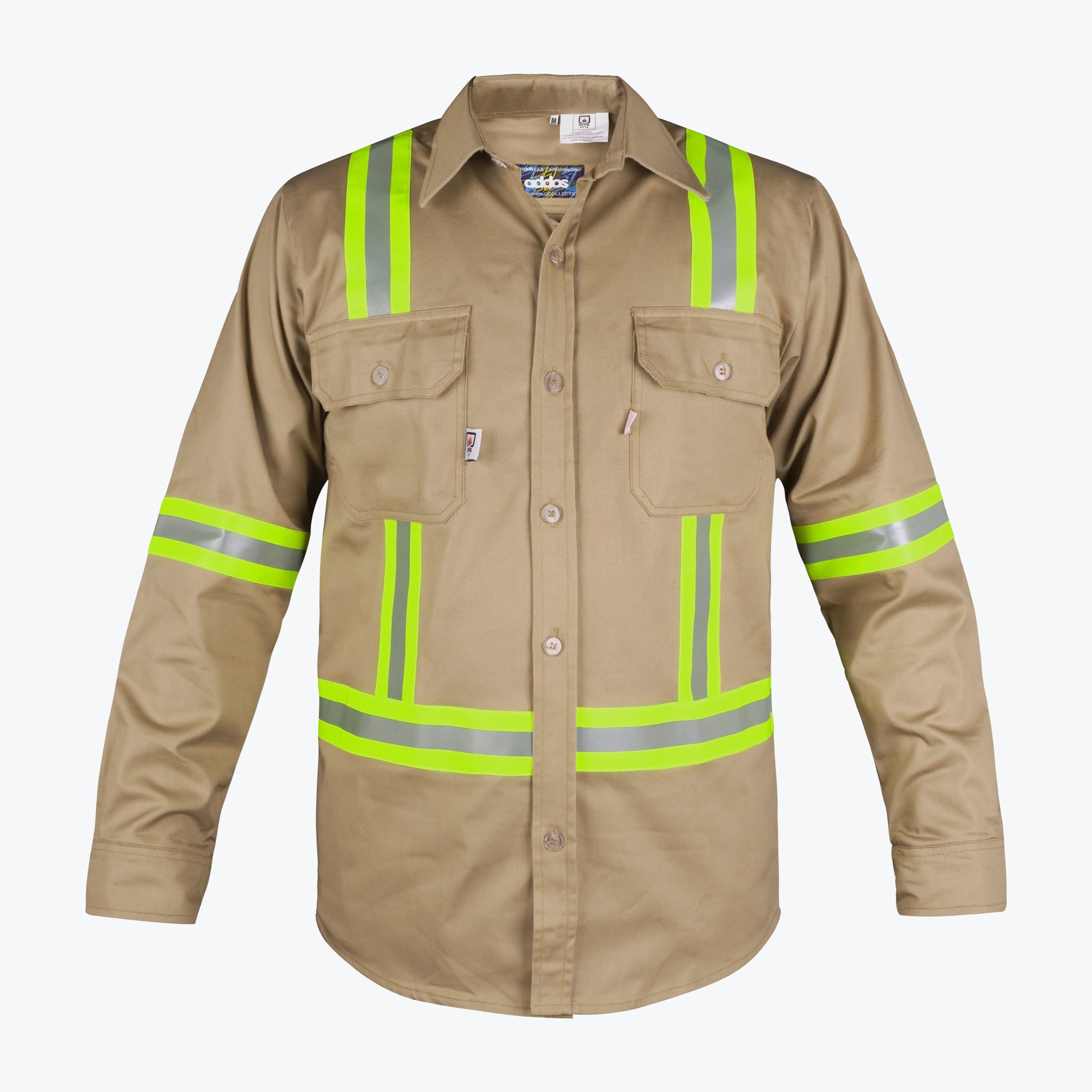 A khaki long-sleeve button-up work shirt with high-visibility yellow and silver reflective stripes on the shoulders, waist, and sleeves.
