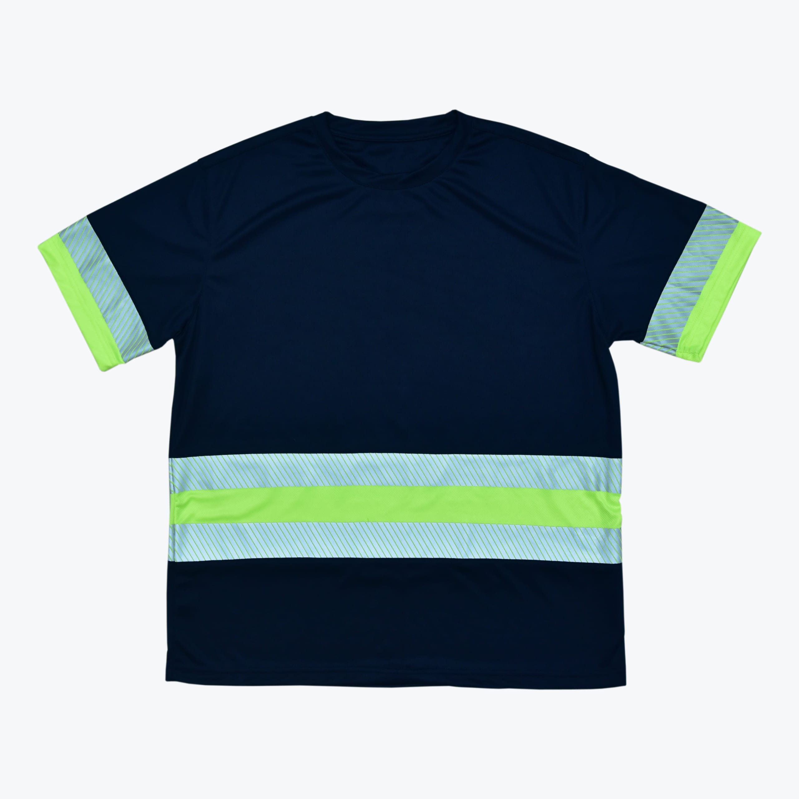 High-Visibility Navy Blue Reflective T-Shirt Navy blue short-sleeved safety t-shirt with horizontal reflective silver and neon green stripes across the chest and matching bands on the sleeves, set against a white background.