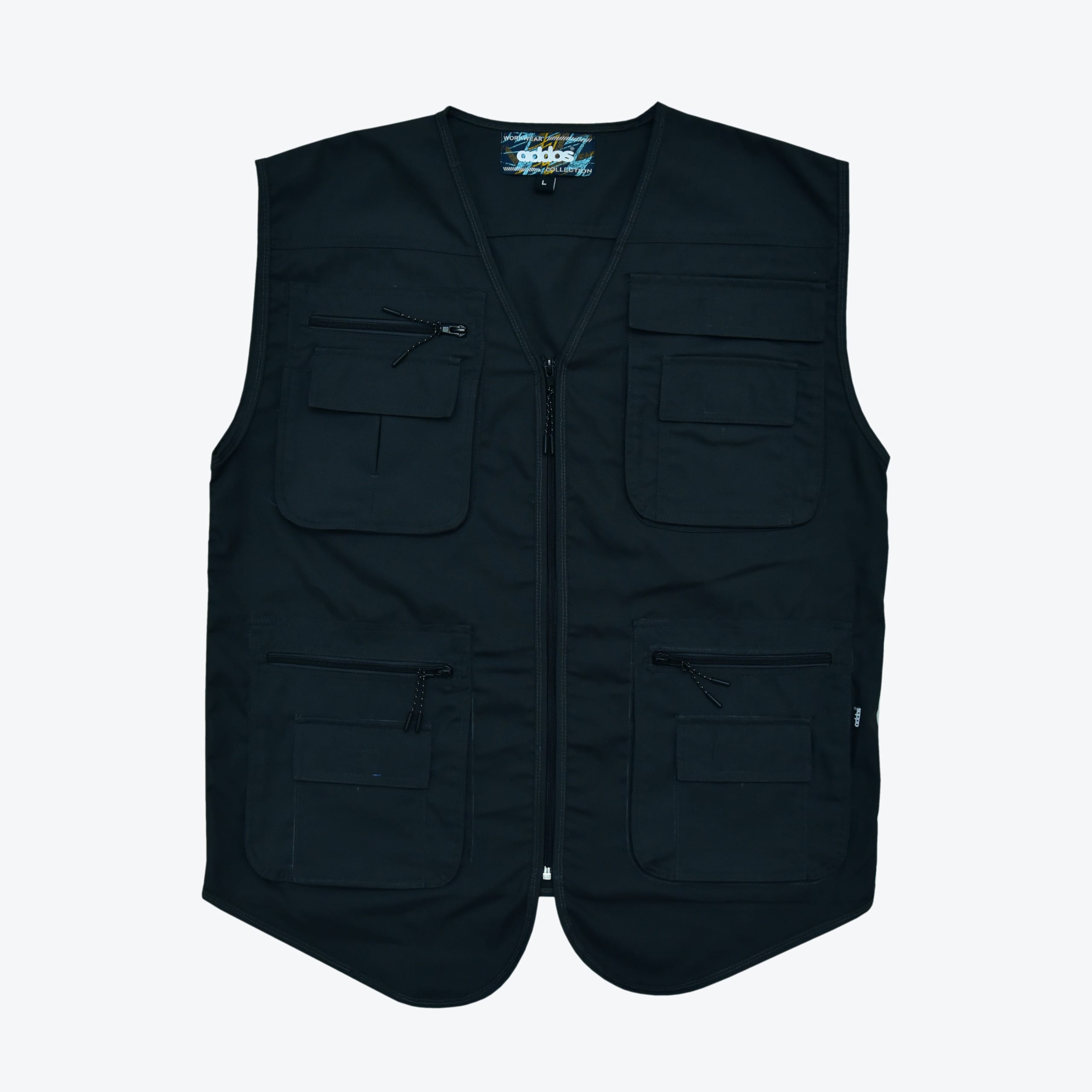Black Utility Vest with Multiple Pockets A black utility vest with multiple zippered and flap pockets, a front zipper, and a V-neck, shown flat against a white background.