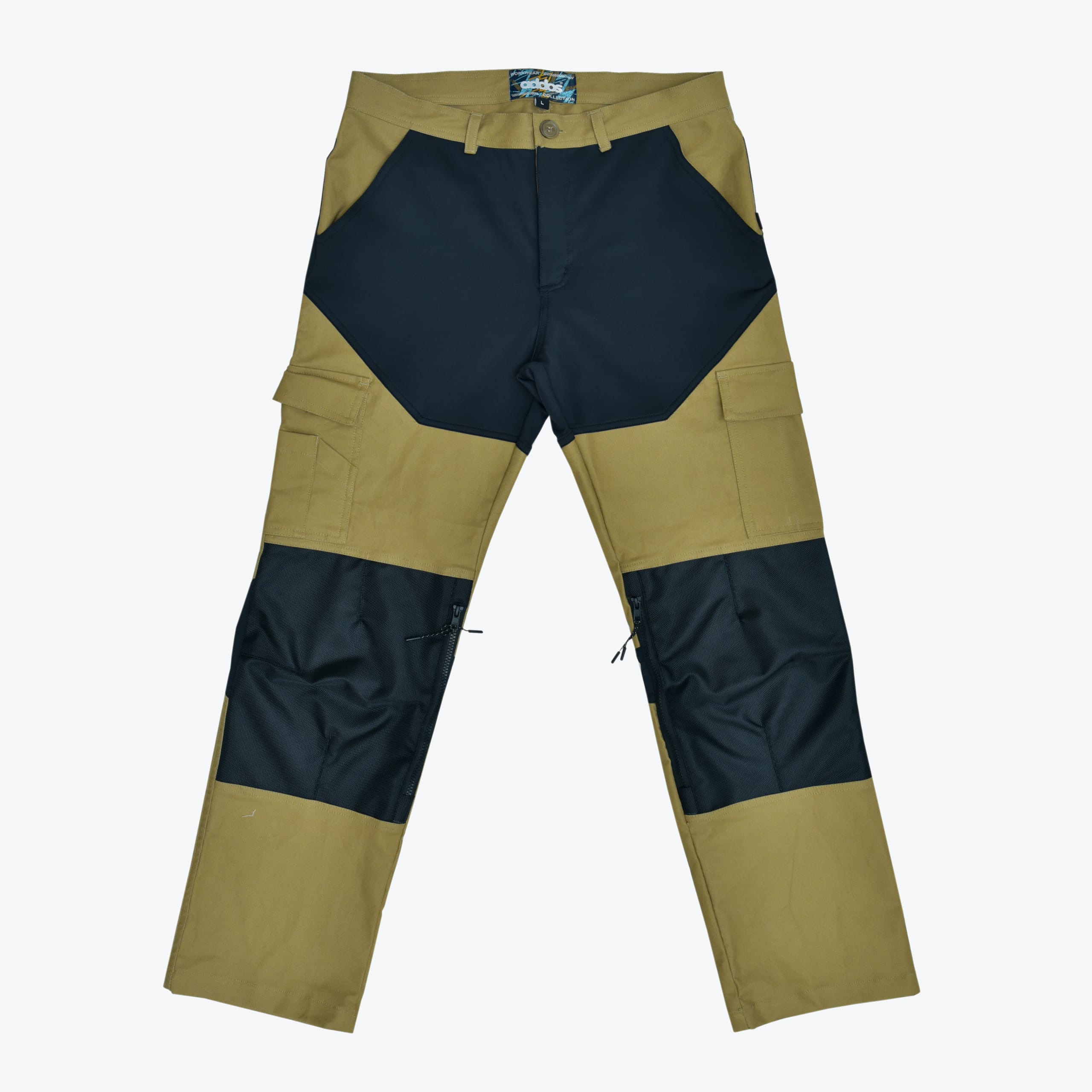 Addos Two-Tone Cargo Outdoor Pants A pair of khaki and black Addos cargo pants laid flat against a white background.