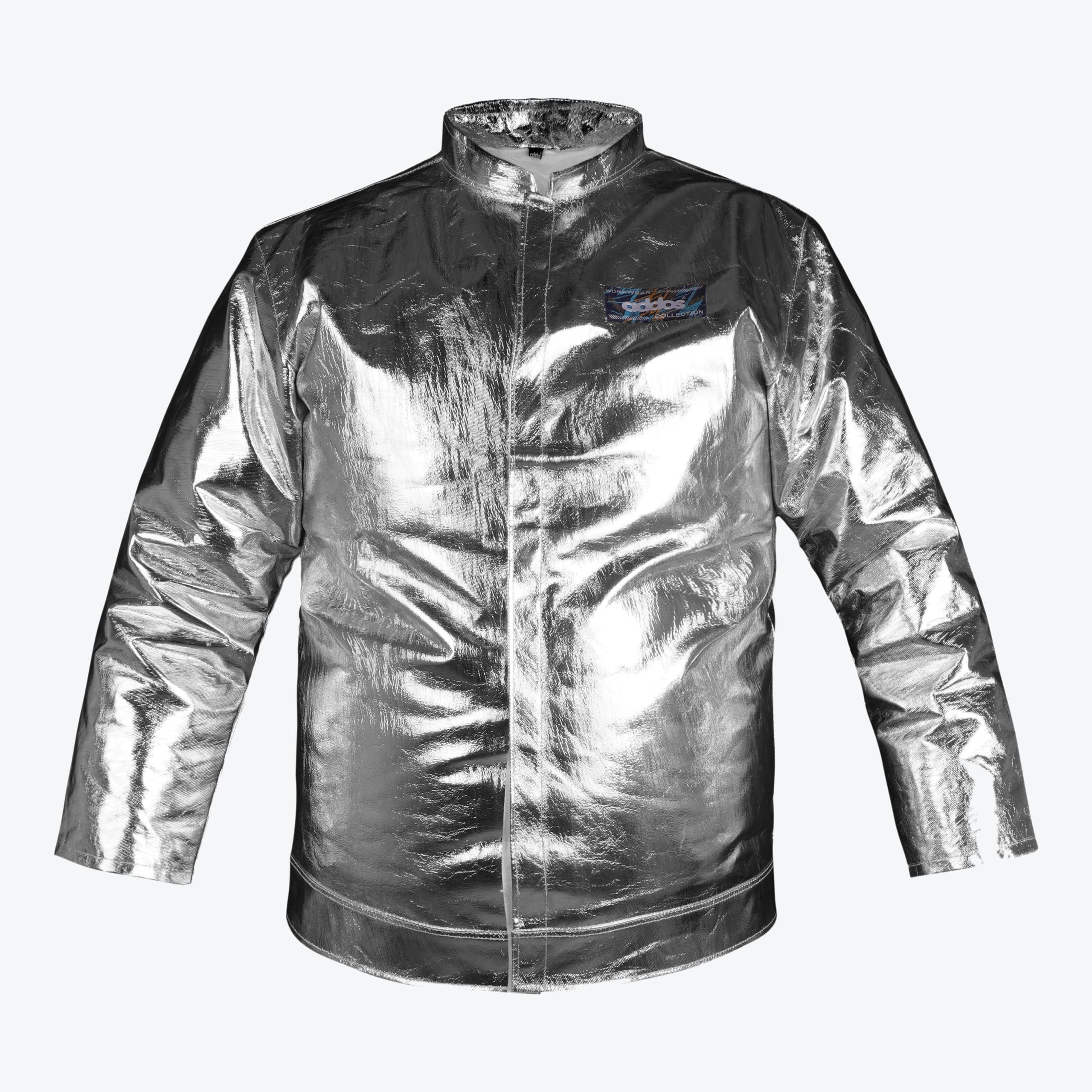 A shiny metallic silver jacket with a high collar and a small Addos logo patch on the chest, isolated on a white background.