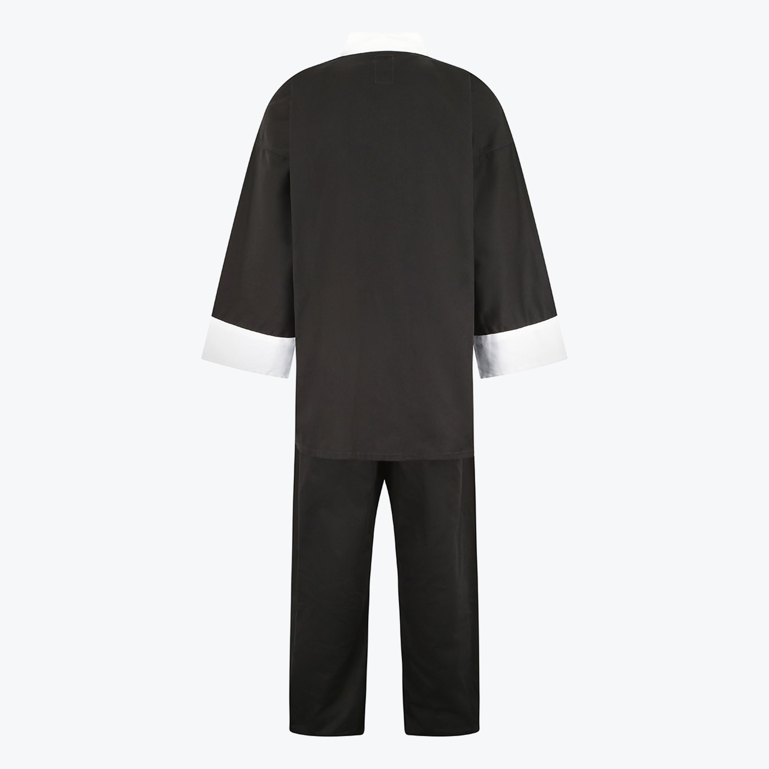Back view of a black martial arts uniform with white cuffs on the sleeves and matching black pants, displayed against a plain white background.
