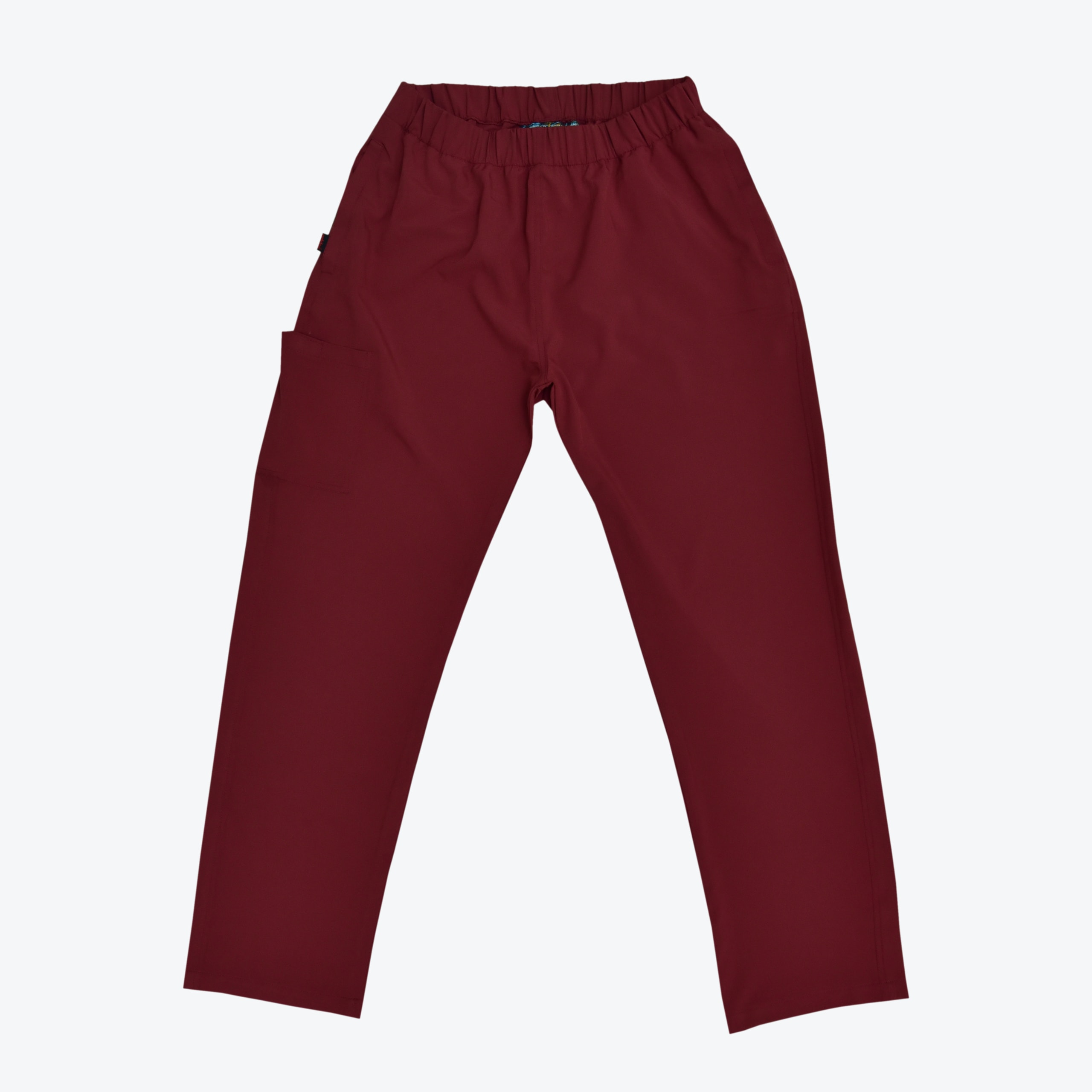 A flat lay of maroon utility pants with an elastic waist and a side pocket on a white background.
