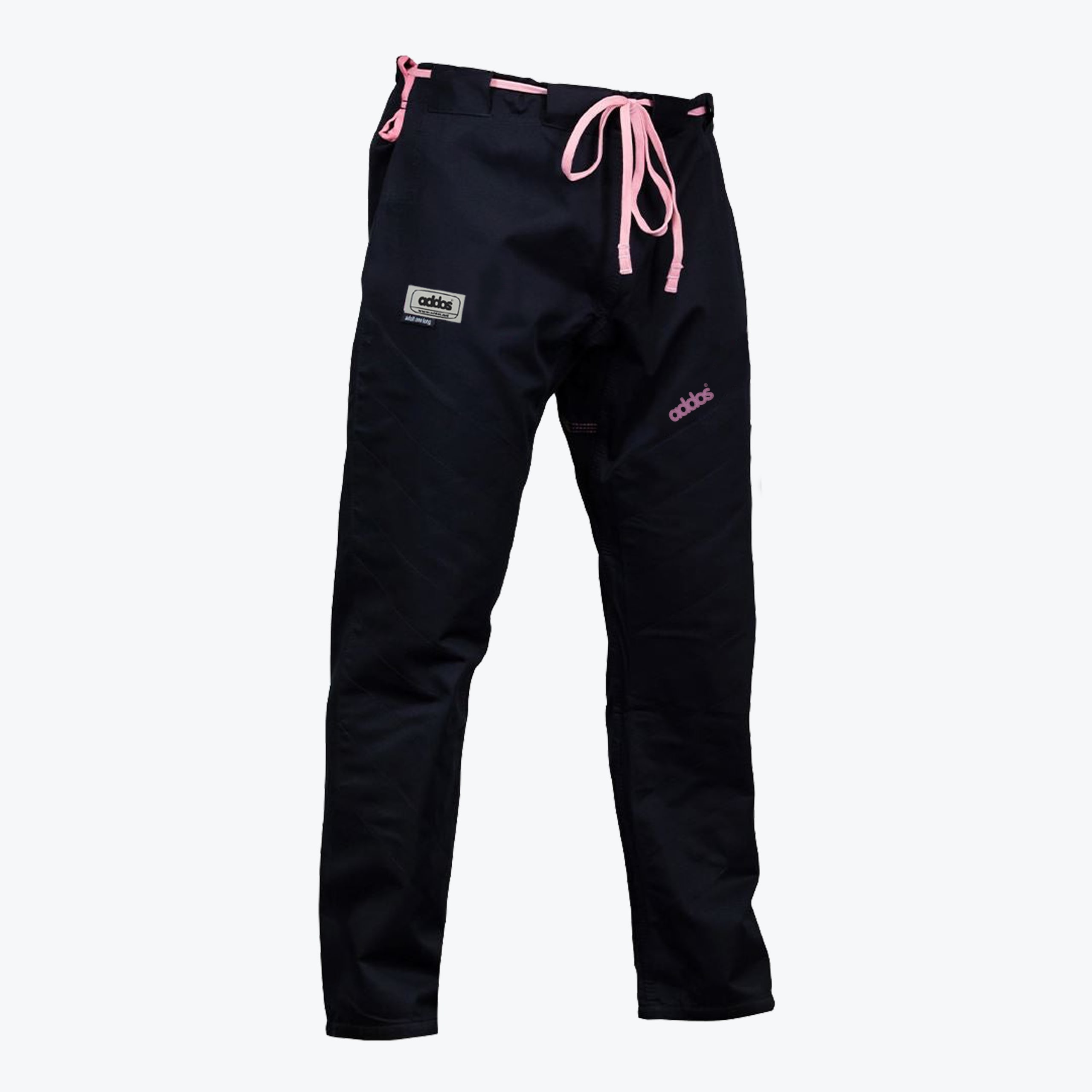 Black martial arts gi pants with a pink drawstring and pink Addos logo embroidery on a plain white background.