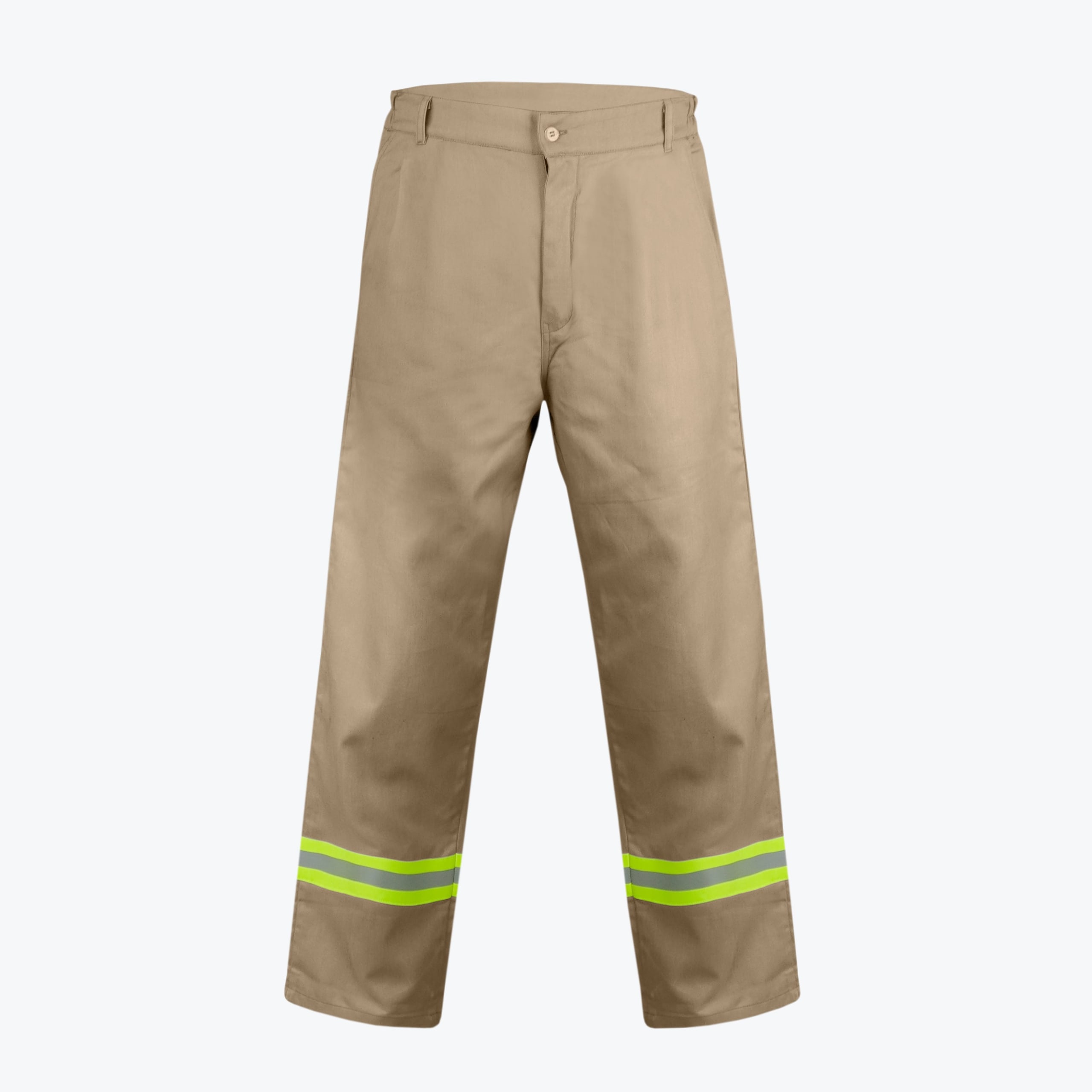 A front view of khaki-colored work pants featuring high-visibility reflective yellow and silver stripes around the lower shins, shown on a plain white background.